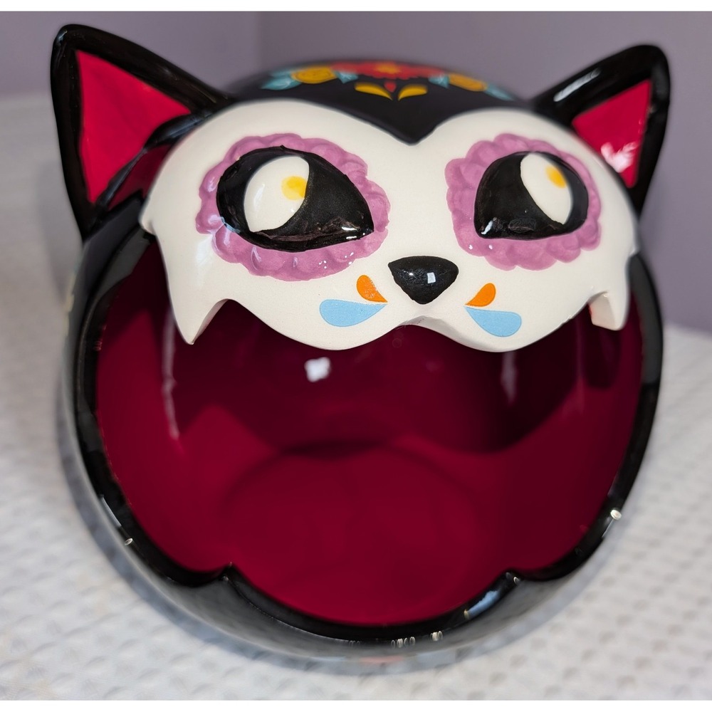 Sugar Skull Black Cat Candy Bowl 3D Figure Planter Ceramic 6.5"H jack o'lantern